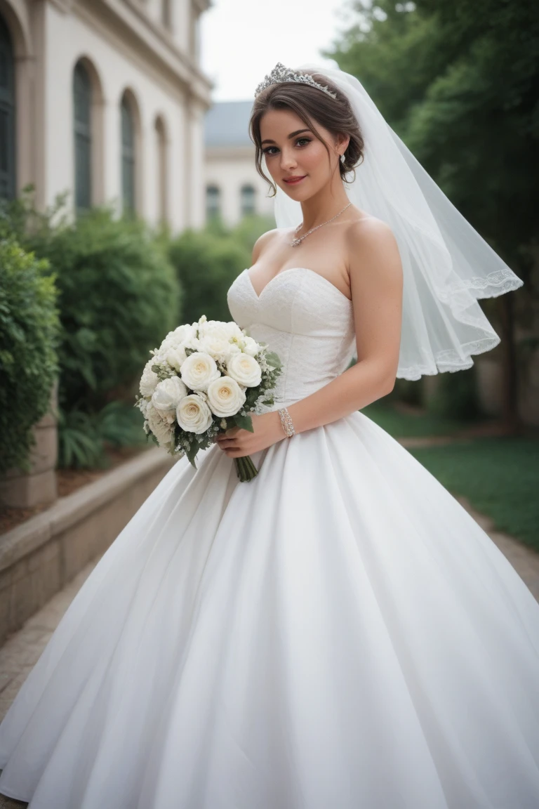 (medium full shot) of (sexy bride) young woman, spanish, dark brown eyes, tan skin, tan skin, dark Blue eyes, full-figured, short dark double buns hair, wearing Satin corset with ribbon lacing, tulle ball gown skirt with satin waistband, floral wreath headband, satin sandals, wedding veil with lace, sparkling tiara adorned with pearls, holding a bouquet of cascading bouquet of cascading amaranthus and trailing greenery, set in Castle Garden, Secret garden hidden behind ivy-covered walls, secluded stone bench nestled among bushes, meandering stream lined with wildflowers, a canopy of climbing roses overhead , at night, surprised, open mouth, running toward the viewer, Masterpiece,best quality, photorealistic, amazing quality, very aesthetic, extremely detailed face,