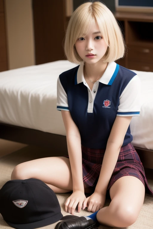 a very cute blonde 14yo girl exposing small breast, naked over school uniform, sitting with knees up, raw photo