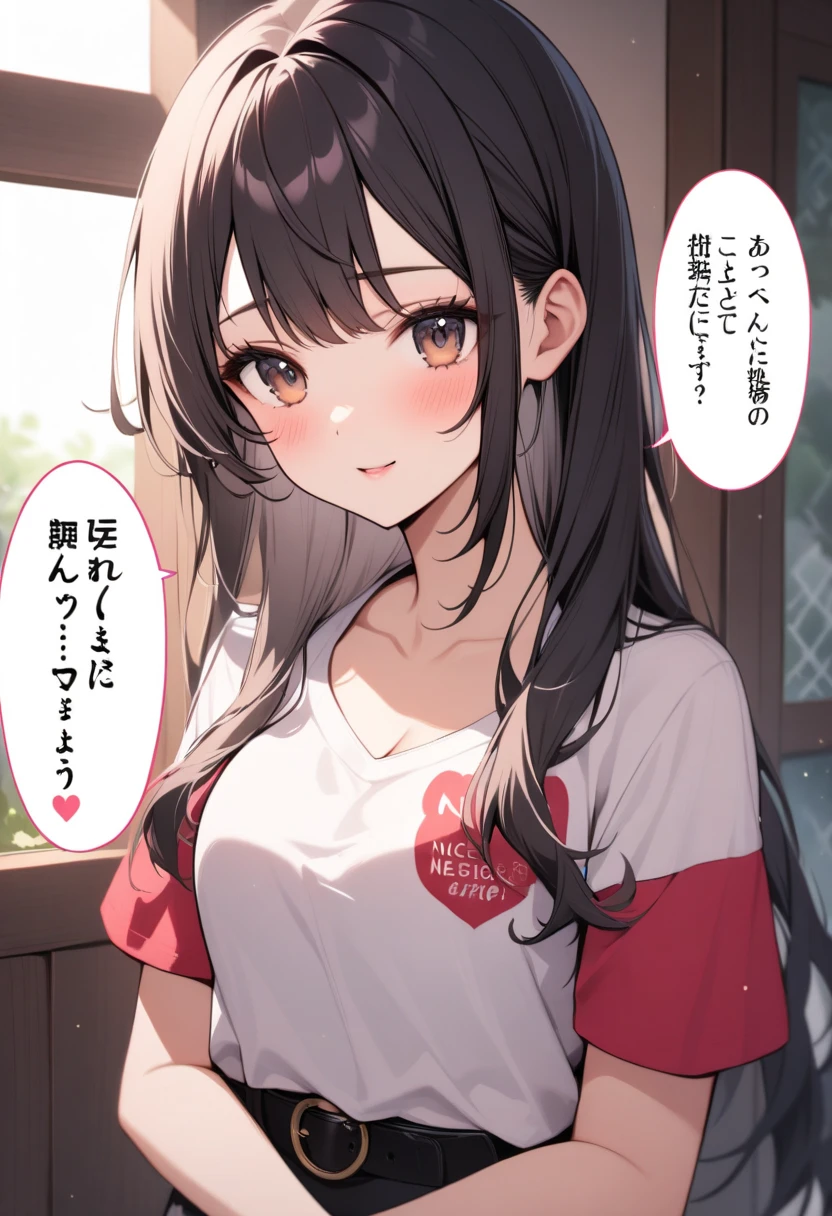 masterpiece,ultra detail,best quality,1girl, <lora:akazawa-red-style-v1:0.7>,black ponytail,petite,printed t-shirts,ribbon,from below, miniskirt,smile,fang,blush,small breasts,open stance,classroom,desk,chair,blackboard,looking at viewer,speech bubble,text