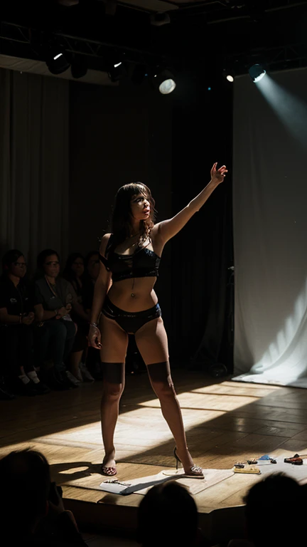 photograph, dslr photo, (8k, 4k, masterpiece), beautiful pretty sexy woman, (Demi Lovato), sexy legs, photograph, zoomed out, full body in frame, (legs apart), dancing on stage, hands on hips, solo, 1girl, one body, slim body, black bikini, (wide shoulders), (extraarms:1.2), (woman with four arms), (four arms:1.2), (top arms extended), (top arms raised), (bottom hands extended), smiling