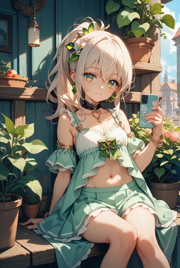 (((masterpiece)))、(((best quality)))、(((high resolution)))、((selfie))、looking at viewer、room、((1girl))、(big breasts:1.0)、((leaning forward))、((((olivegreen lace tops))))、(((daisy duke shorts)))、(((scrawny : 1.0)))、(((((white hair)))))、middle hair、((happy))、