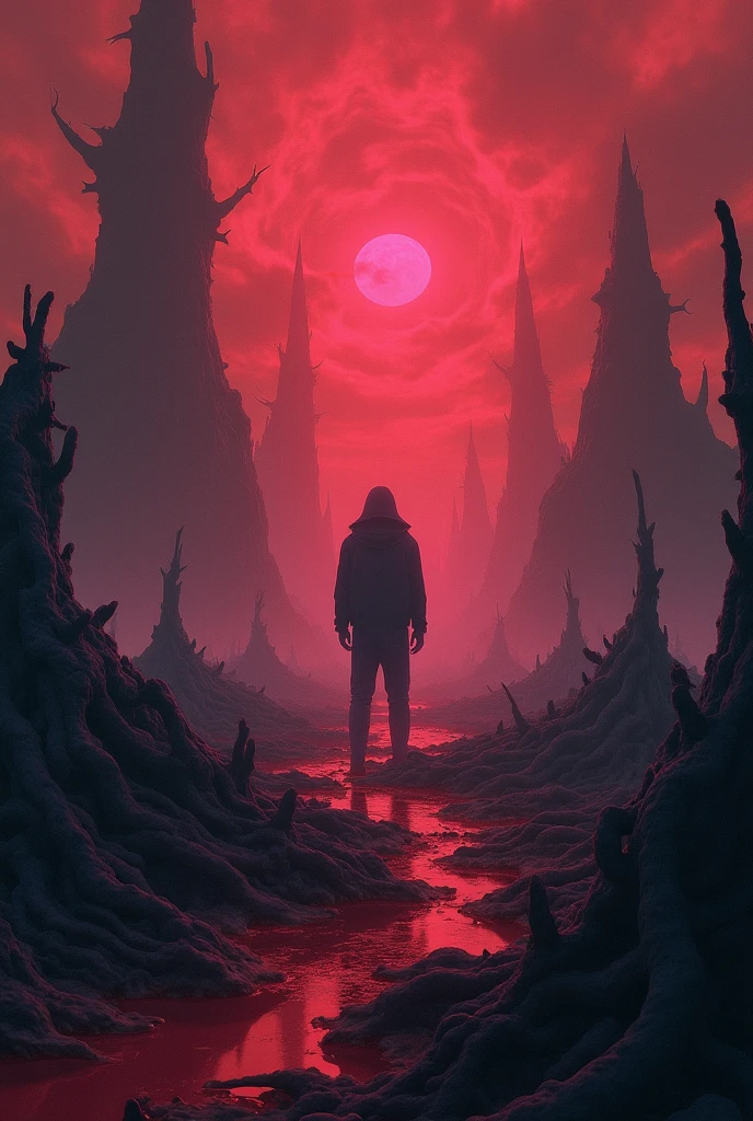 Author of the Cthulhu Mythos：Zdzislaw Beksinski y Van Gogh, album covers, Romantic, Surrealism, Futuristic ,Satan, coral, dry, abstracted, Dark, red, hell, landscape