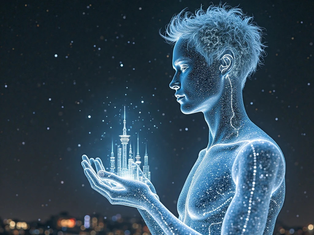 Standing An enlightened being connects telepathically with a human being, a black-haired woman, the woman writes, Spiritual Channeling. Photorealism, full view, highly detailed image, highly realistic, hyperrealism, cinematography, Ultra HD, 8k, Unreal Engine 5, sharp focus, intricate and mysterious masterpiece. (Long exposure photography Highly detailed, high-detailed close-up portrait art illustration - Final quality medium shot, backlit, rich and eye-catching. Enigmatic and mysterious manipulations (rule of thirds composition), ((detailed environment with lines strong), Better quality, on camera, white light, warm and clean aesthetics, dazzling screen composed of millions of bright ultraviolet lights, HDR.