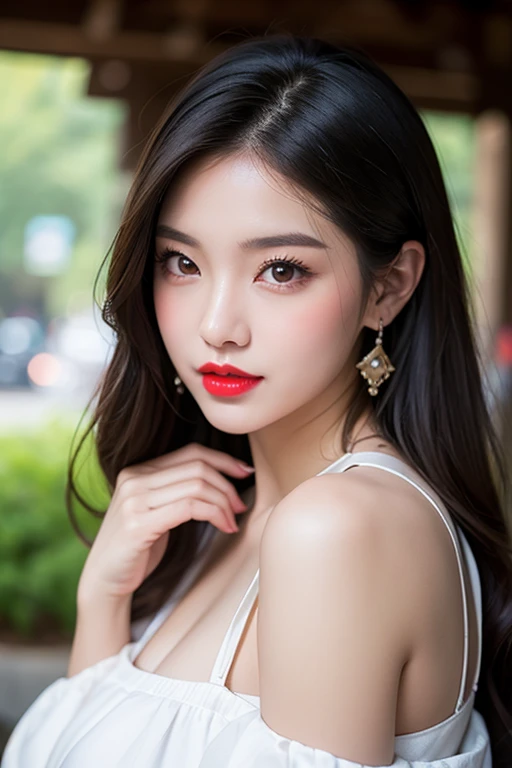 Beautiful college girl in the city, 21 years old, masterpiece, light makeup, red lips, brown hair, widely disheveled, street background, beautiful and elegant. Very fine details, masterpiece, authentic texture, realism of movie lighting, perfect work, 16k, high resolution, exquisite facial features, blue eyes, looking at the camera, Japanese idol, beautiful face, lovely Smile, chestnut-shaped, beautiful hair, charm, big breasts, erect nipples, cleavage, thick muscles, shining skin, white skin, oily skin, shiny skin with oil, thin camisole, big sparkling eyes, soft skin, Wet, earrings, collars, tattoos, raining, soaking wet, wet T-shirts, transparent nipples,