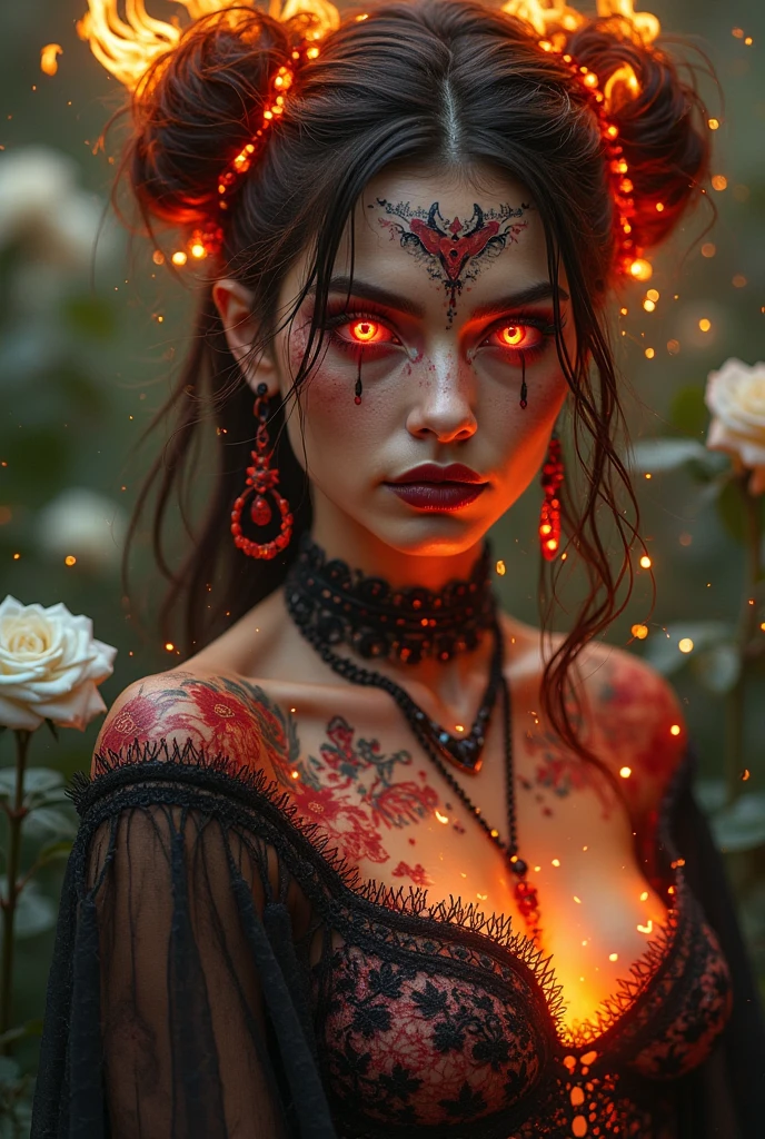 a fire elf, on the mountain, in the middle of an ash storm, ((red face, skin and breasts))) dark red eyes glowing neon, dark red hair, full body red makeup with runes glowing neon red, dressing as a dark red fire druid, with medium breasts, sensual and attractive body.