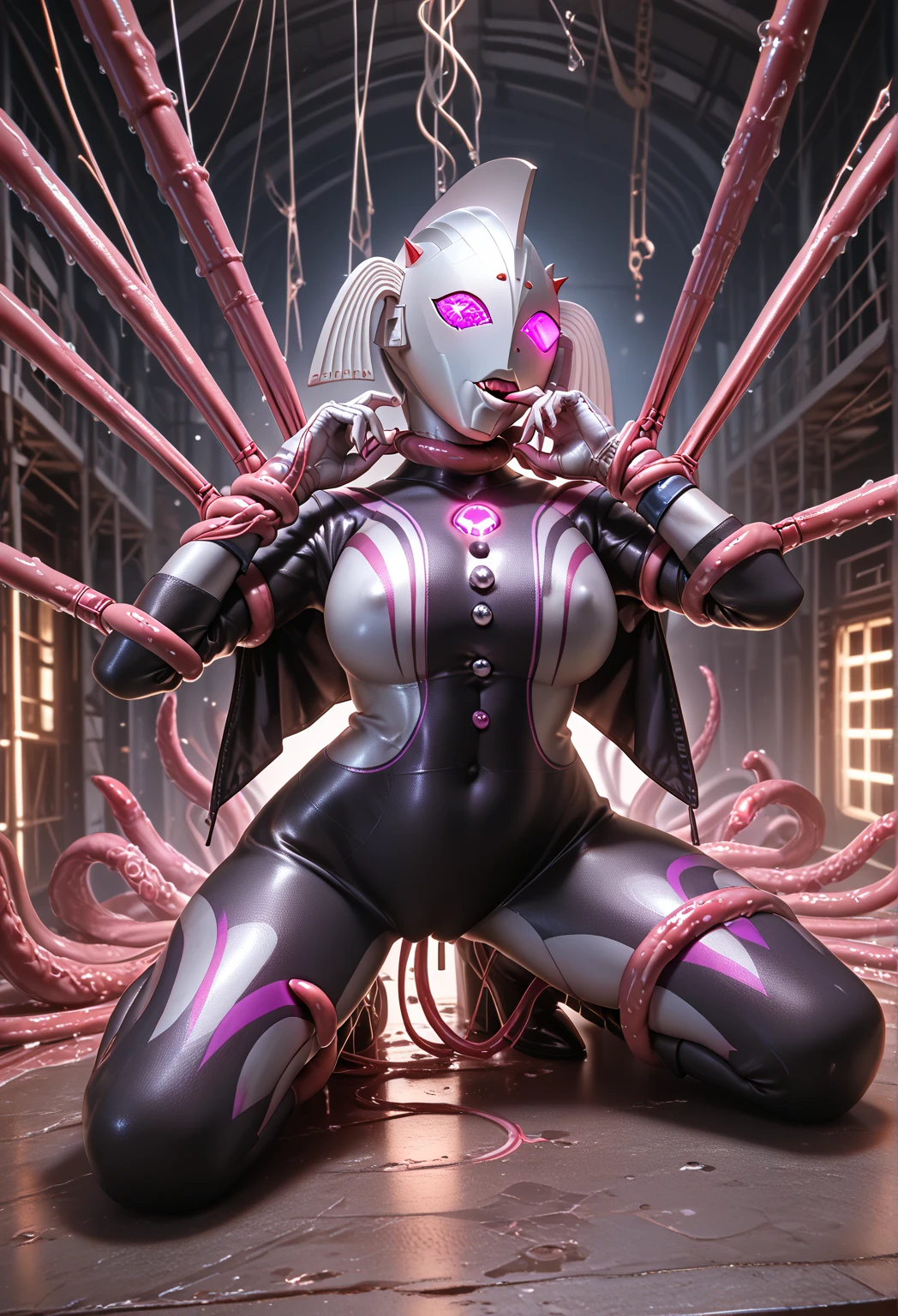 (masterpiece、8K、Ultra-delicate、hight resolution),(((Female Ultraman))),(((No muscles,large Boob))),(her head is tapering,The body is made of red and silver,pink armor,The arms present a streamlined design,On the chest there is a round calculator,Looks tall and thin,The overall shape is streamlined、Modern),posed for photo,city ruins,backgroung details,NSFW,Cameltoe,the morning sun,((Open pussy:1.2)),((wet pussy:1.4)),(silver ponytail:1.1),(woman with penis:1.5),(erected penis:1.3),Masturbation,penis focus,show off penis,spread legs,((red blush,Crying face)),from below,(muscular legs:1.3),(cum),((Shibari, arms behind back:1.4)), ((hands on back)), ((amarrada com cordas)), ((hands tied back)), ((rope restraint)),((big black Dog collars:1.1)),metal collar,sitting,