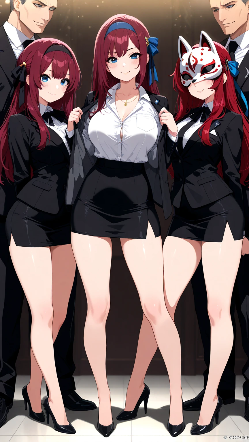 (high quality, 8k, 4K, high contrast, artwork:1.2, high quality, best aesthetics), ((3 woman)), erotic, sensual, mature body, super detailed, beautiful face detailed, beautiful eyes detailed, detailed beautiful mouth, sexy body, perfect breats, perfect wide thighs, (3 girls centered next to each other looking at the viewer), (all 3 are using: white dress shirt, black tie, short black skirt, long white socks), (empty classroom in the background), (purple hair), (red hair), (blonde hair), (one of the 3 has dark skin while the other two are white)