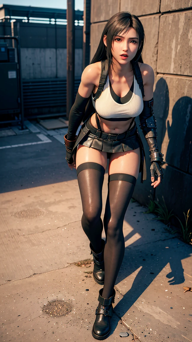 (8k, best quality, masterpiece:1.2), (realistic, photo-realistic:1.37), (full body), standing, legs apart, (wide stance) standing contrapposto, ultra-detailed, 1 girl,cute, solo, (tifa lockhart), (large breasts:1.5), (beautiful detailed eyes), (smile:1.2), (closed mouth), sharp focus, depth of field, good composition, Final Fantasy VII, very long straight hair, hair bang, ((red_eyes)), intricate, bokeh, (Tetsuya Nomura style),  perfect breasts, white tank top, black miniskirt, suspenders, gloves, stockings, toned body, athletic, wide hips, thin waist, toned arms, exposed abdomen,