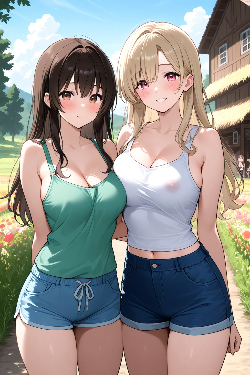 two girls, a blonde girl with green eyes, second redhead girl with blue eyes, with casual clothes