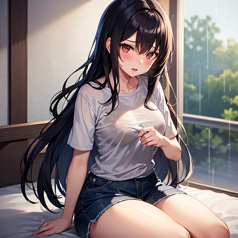 for profit, utaha kasumigaoka, black hair, long hair, smile,windows,romantic starry sky,sleeping with both eyes closed,A meteor crosses,T-shirt,black string underwear,sleeping in bed,night,moonlight,sleep with your head on the pillow,Sleeping lying on your back in bed,dark room, barefoot
break indoors,Bedroom,
break (masterpiece:1.2), highest quality, High resolution, unity 8k wallpaper, (figure:0.8), highly detailed face, perfect lighting, Very detailed CG, (perfect hands, perfect anatomy),