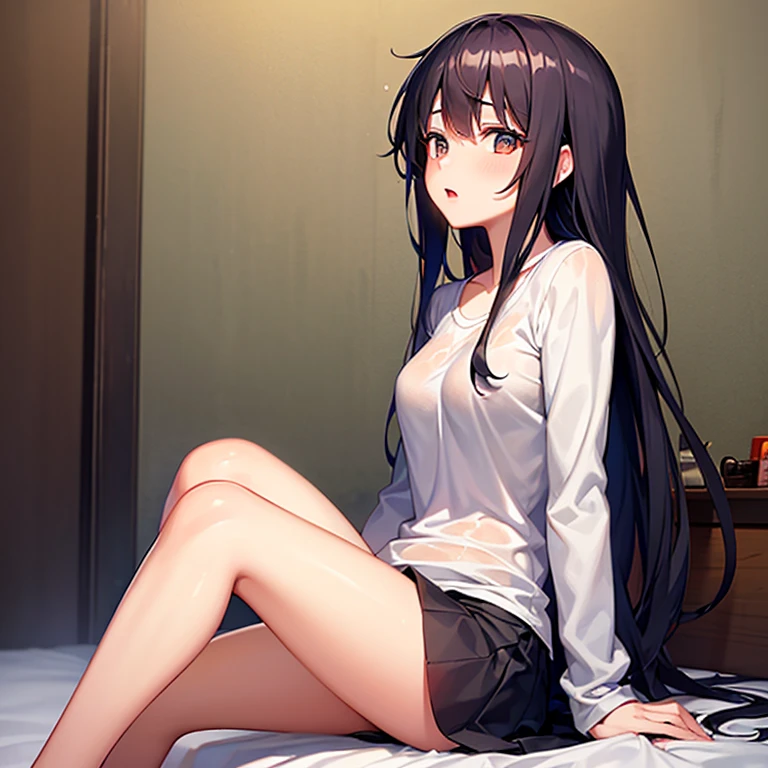 Beautiful girl medium long　uniform　Sit on the bed　Shy face
