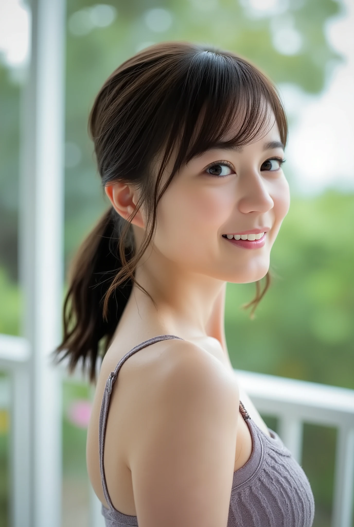 Create a portrait of a 20-year-old Japanese idol singer。She has black hair tied at the back of her head、。wearing pastel colored costumes、The face is smiling、Smiling happily at the camera。Random Pause