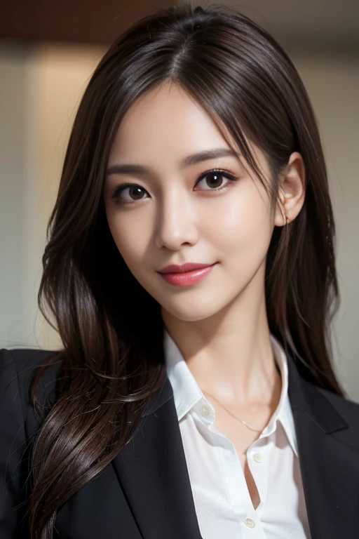 Tabletop, highest quality, Realistic, Very detailed, finely, High resolution, 8k wallpaper, One beautiful woman,, Light brown messy hair, Wear a business suit, Sharp focus, Perfect dynamic composition, Beautiful and detailed, Thinning hair, Detailed Realistic skin texture, smile, Close-up portrait, Model Body Type