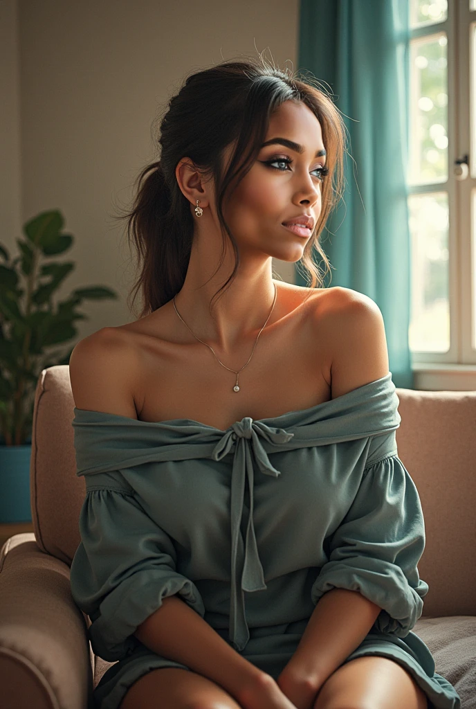 Best quality, masterpiece, ultra high res, (photorealistic:1.4), raw photo, 1girl, off shoulder, cinematic lighting,ography of a stunning girl, she looks like japaneese and african ,almond-shaped eyes, full lips, big eyes, full lips, almond-shaped eyes, full lips, and prominent cheekbones, slim waist, fit body, wearing casual dress, wavy short hair, short cut hair, symmetrical green eyes, symmetrical face, photorealistic, photography, path tracing, specular lighting, volumetric face light, path traced hairmaximum quality、MASTERPIECE、Super High Resolution、(photorealistic:1.4)、Raw photo、1 girl、off shoulder、In the rainy city、A crowded figure in the background、Rainy evening、Sit in an antique café、Warm lights、It looks cold outside the window