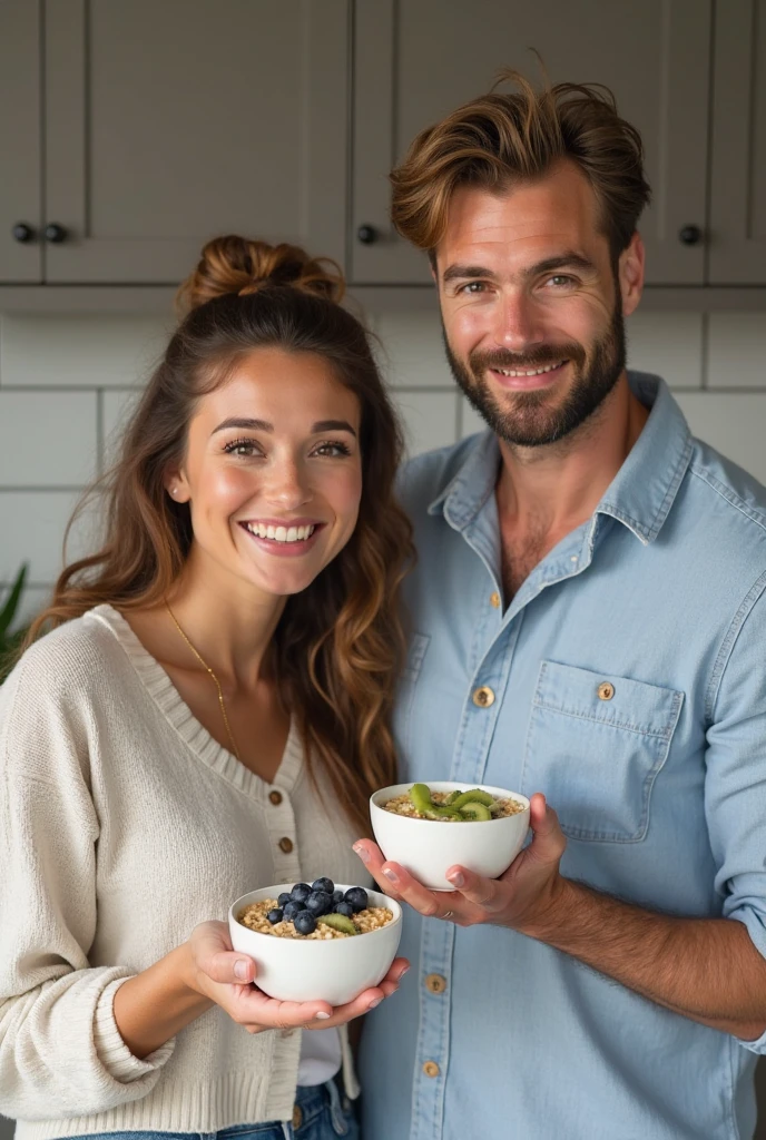 Realistic man and wife 25-35 years old, At the acai shop ,brown hair eating acai , with friends Ultra HD, high qualiy, best qualityer, high resolution, 8k, 16K