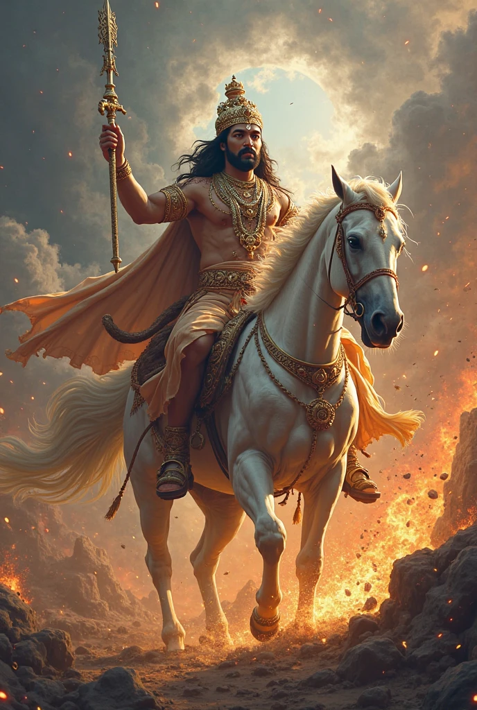 Create a image of lord Kalki, he is a king, riding a white horse and a long sword in his hand. Wearing yellow dhoti, Looking like a warrior. Full and Front view from the battlefield