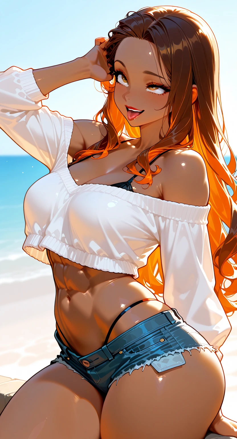 detailed background, masterpiece, 4k, best quality, late youth, adult, wrestler body, 1girl, active, energic, uppercut, (large mouth) , solo, nami \(one piece\), 1girl, bangle, (white T-shirt, very wet, drenched in sweat, sweat all over body, very wet hair, tired, taking breath, open mouth, sweaty face, sweaty body, panting, sweating too much, shiny sweat, sweat stains, leaning forward, tilting, both hands waving good bye, both hands up, bruises on body), perfect detailed face, bold drawing lines, muscular arms, detailed bold arm lines, flat jaw, adult woman, wavy wide streaked bangs,(very long left side bangs short right side bangs, lock of hair upward), floating bang streaks, (big cheeks), bare shoulders, off-shoulders, belt, blue sky, bracelet, springy breasts, breast lines, big round eyes, plain big brown shiny eyes, bubbles, high eye position, cleavage, cloud, day, denim, earrings, floating hair, shiny hair, green belt, bold groin lines, jeans, jewelry, large breasts, log pose, long hair, looking at viewer, wet hair, orange hair, pants, shoulder tattoo, sidelocks, sky, solo, standing, stomach, swimsuit, tattoo , looking at viewer, open mouth, detailed left arm, big forehead, hourglass figure, small head, toned body, wide hair, wind effect, sun effect, under the sun, narrow small ears angle, older, random poses,