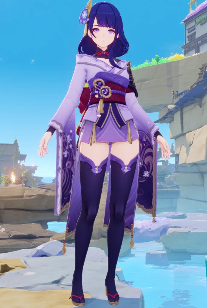 (masterpiece, top quality, best quality, official art, beautiful and aesthetic:1.2),(8k, best quality, masterpiece:1.2), (((masterpiece))),(((best quality))),(((extremely detailed))),illustration,who, (masterpiece, top quality, best quality, official art, beautiful and aesthetic:1.2),(8k, best quality, masterpiece:1.2), (Masterpiece, Best quality, best shadow), (detailed background), 1girl, One, girl, genshin impact, raiden shogun (genshin impact), purple hair, long hair, shorts, one eye hidden behind hair, purple eyes, dark blue sweater, necktie, white collared shirt, blue pleated skirt, pantyhose, school emblem, very long hair, blunt bangs, straight hair, outdoors, upper body, 