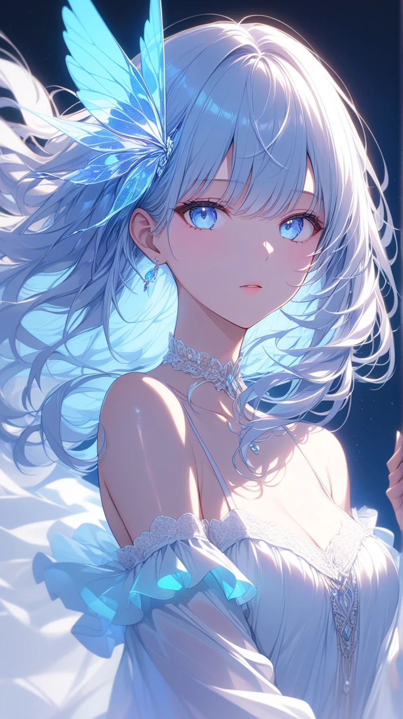 masterpiece, highest quality, figure, white, platinum earrings, Platinum Necklace, white dress, 1 girl, cute, (dynamic lighting:1.2), cinematic lighting, delicate features, fine eyes, sharp pupils, ((shapely massive chest;1.5)), realistic student, Depth of bounds written, Bokeh, sharp focus, (very detailed, bloom, shine:1.4), Many Small Gems