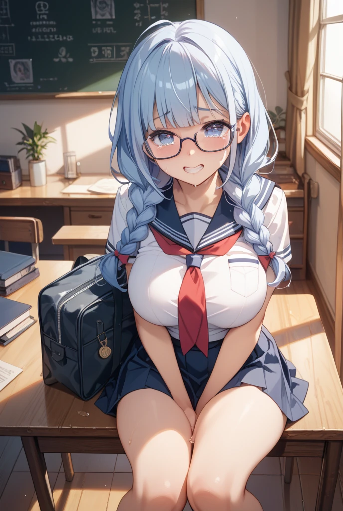 (masterpiece、highest quality、highest quality、Official Art、Beautiful and beautiful:1.2)、(One girl:1.3)Hatsune Miku、Twin tails,Big Breasts,(Master Parts), Better Quality, super high quality, Complex, (Very detailed CG Unity 16K 壁紙), Ultra-detailed, perfectionist, High range, 8K Ultra HD, Ultra-high resolution, Ultra-high resolution, (Detailed line drawing), Very detailed, finely, Digital Art, figure, Detailed figure, (Pixiv:1.3), Official Art, figure super fine, Attention to detail, creative, Depth of written boundary, sharp, Concentrated, Sharp focus, seed, (Emotional impact, new, at last, Exceptional). ((Expressive eyes, Expressive Face)), Perfect Face, Perfect Anatomy, ((Very delicate and beautiful)), Ultra-detailed物理学, Very detailed筋肉, Ultra-detailed筋肉構造, well-proportioned body, Shiny Hair, Glowing Skin, Bright Eyes, Fine hair. One girl, Red eyes, Long Hair, Gray Hair, Side Lock, Huge breasts, stripe, stripe separada, plump, Thick thighs, Glasses, 縁なしGlasses, semi-縁なしGlasses, Big , Single hair bun, Medium Hair.
