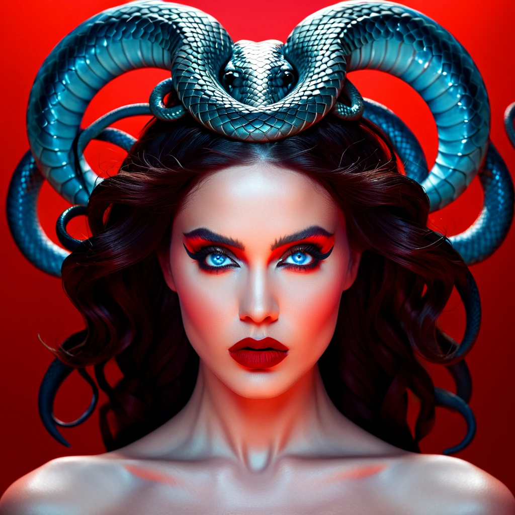 A girl with big wavy silver hair,Goat horns on head,Fangs,no hands,Hands are colorful wings,The lower body is colorful and slender with a long fin-filled mermaid tail.,melancholy,dark,blood,crazy,Aesthetic,Completely naked,whole body,krakens,laughing out loud,blood沐浴whole body,Bright red,gills,Satan