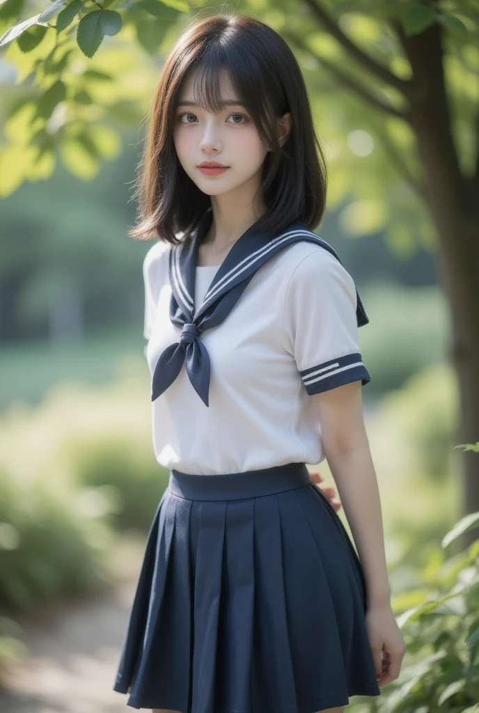 (masterpiece:1.3),High resolution,(8K, High resolution:1.2),(RAW Photos), (Realistic:1.3),One Girl,12 years old,Middle school students,Very cute girl,Beautiful white skin、Black Hair,short hair,Big eyes,Glossy lips,(Slender figure:1.3),Sailor suit,Short sleeve,Ultra Mini Skirt,Thighs,Photographed from the knees up,