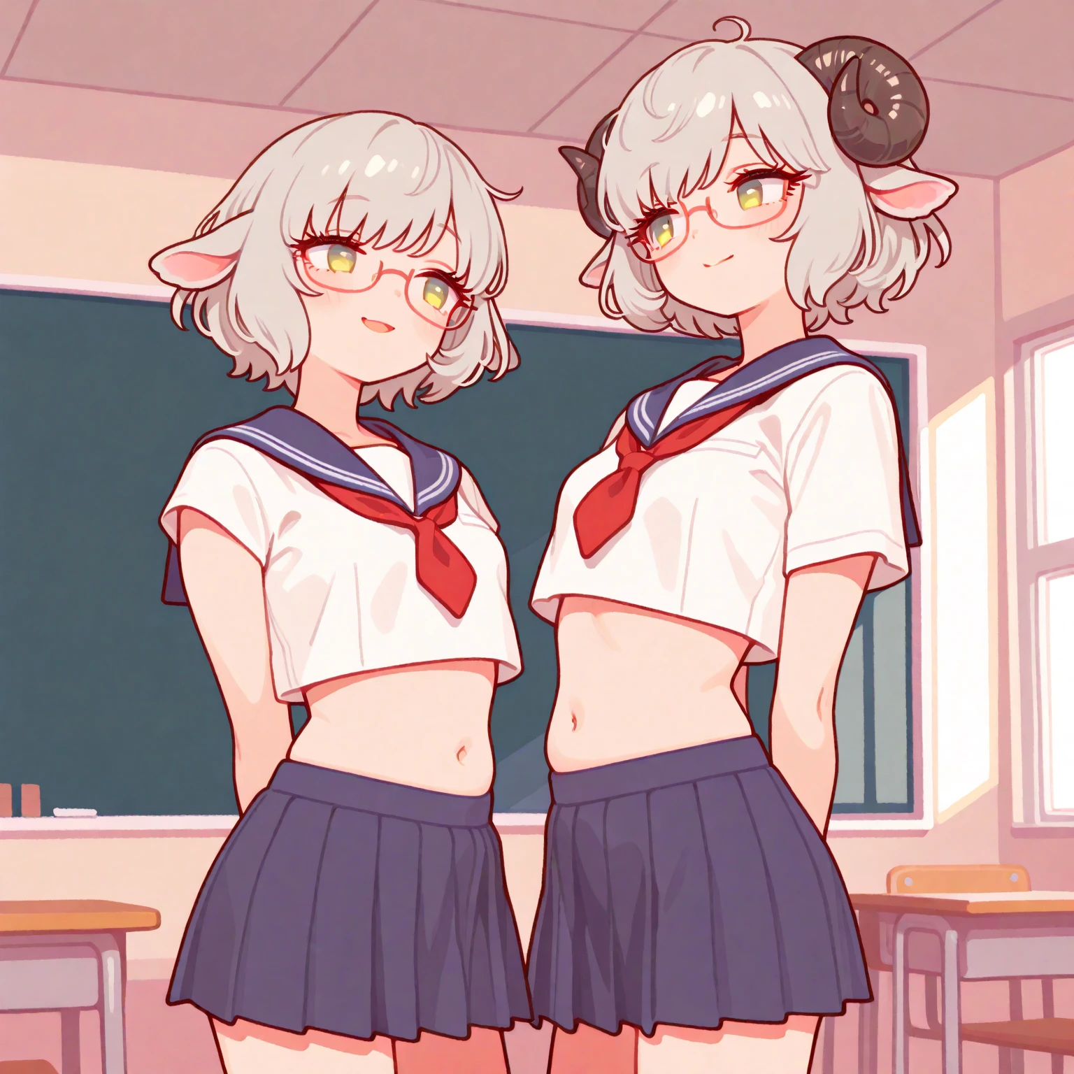 ((2 girls))、(smile)、small breastsのヌード、（cowboy shot）、(fun!!)、(white cardigan:1.5)、(blush:1.4)、(silver hair)、Chest roll-up clothing,pull clothes，((flat chest:1.3))、((I can see your nipples:1.5))，(dog ears), No bra, (black skirt)，look down, ((classroom:1.5))Upper body，classroomのシャツロールアップシャツセーター高解像度，look down, Upper body，Fair skin,classroom，small breasts，shaved pussy、long hair、light blue eyes