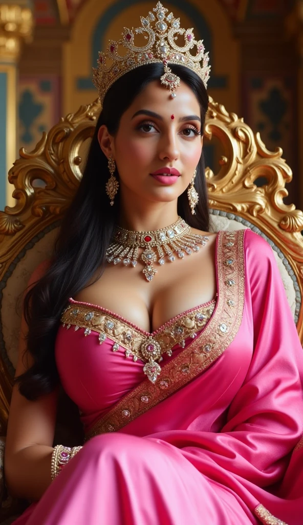 perfect pink eyes, fantastic face, Indian, beautiful look, ((red lips, bright eyes, curve heir 1.5)), ((beautiful details very big breast )), (Straight round and ultra huge clevage, big breast), A glorious gorgeous, glorious gorgeous face, pretty face, bright eyes, detailed elegant printed red hijab, updo elegant hair, blurred gray tones background, ultra focus, face ilumined, face detailed, 8k resolution, painted, dry brush, brush strokes, razumov style and garmash style, by Tokaito, (fluorescent colours:1.4),(semi transparent:1.4),(retro filters:1.4),(fanciful:1.4),Candy World Disneyland Ethereal Soft Fluffy Soft Landscape Forest Snowflake Pale Pink Sky Green Blue Sparkling Ethereal Light Soft Whimsical Light Rainbow Stars Diamond Sparkle Gemstone Background Ultra Realistic Ultra High Quality Cinematic Lighting Huge Details Full HD Painting Plenty of light,diagonal bangs, Dress with collar,side masterpiece, best qualityer,realskin,(sportrait:1.5), 1girll, bluntbangs, long whitr hair,