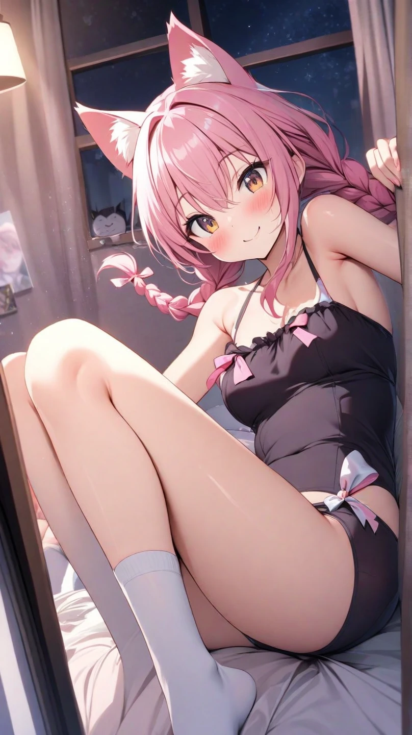 High resolution, Very detailed, perfect lighting, beautiful detailed eyes, ((masterpiece,Best Quality)), absurdities, alone, princess zelda, by the width, crown braid, Hair clip, pointy ears, Gloves without fingers, black gloves, smile, curves, nod, , deep neckline, deep neckline, pink thong, touching her breasts in a sexy way, close up, pigtails with bangs, pigtails with bangs, touching her breasts in a sexy way, teal eyes, close up, pigtails with bangs, pink boina, Slim fit sailor suit, Slim fit sailor suit, short black skirt, down on my knees, down on my knees, pink boina, pink boina, pink stockings, pink stockings, crouched on her knees, overhead, overhead, view from behind, view from behind, big ass, pigtails with fringe, sexy purple lingerie