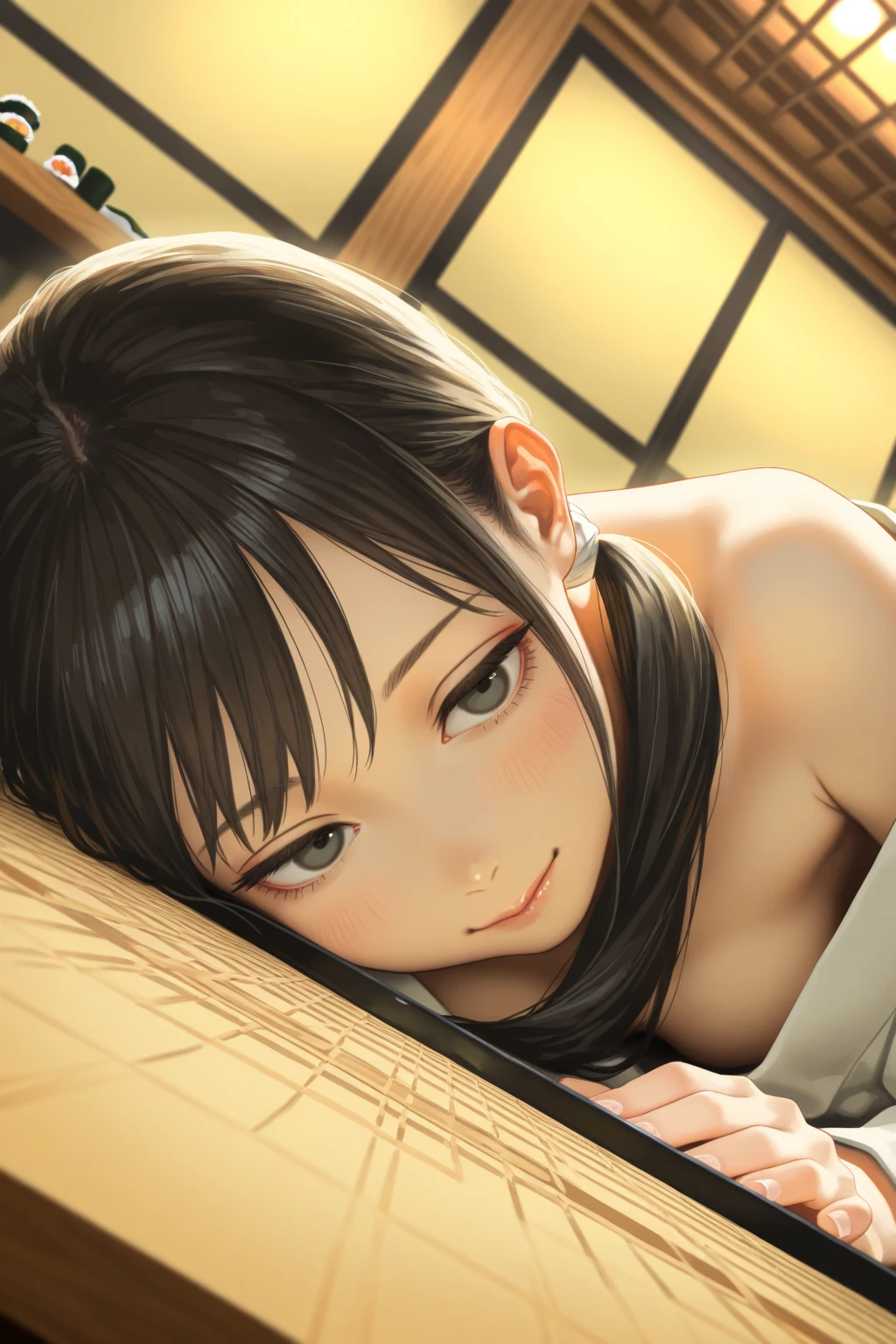 Japanese girl with short black hair and bangs, naked, small boobs, nipples, lying down, on a tatami floor, exposed breasts, (((masterpiece),(extremely detailed CG unity 8k wallpaper),best quality,,solo,1girl,cinematic lighting,detailed background,beautiful detailed eyes,bright pupils, (an extremely delicate and beautiful),(Beautiful and detailed eye description), ultra-detailed,masterpiece,))