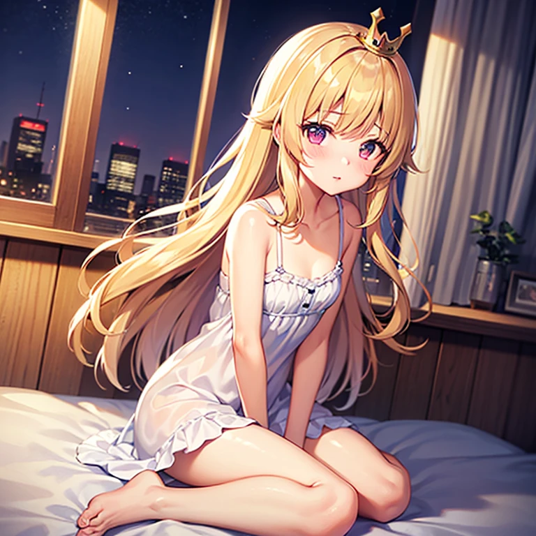 (Masterpiece: 1.4), (Best quality: 1.4), 8K, HD, ultra clear，1girl，（big breasts：1.4），long blond hair,(Heart-shaped pupil:1.3),(Tongue out:1.2),scared:1.3，(cry:1.4),Bare abdomen，White lace underwear，Skirt，（Looking up），Bedroom at night，necklace，Messy clothes