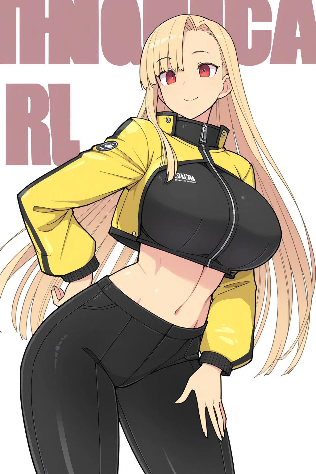 1girl, wolf ears, wolf tail, blonde hair, tan, tan skin, large breasts, thick thighs, yellow eyes, tanlines, ponytail, sportswear, thighhighs, toned, hourglass figure, mature female, smile, sports bra, highleg,