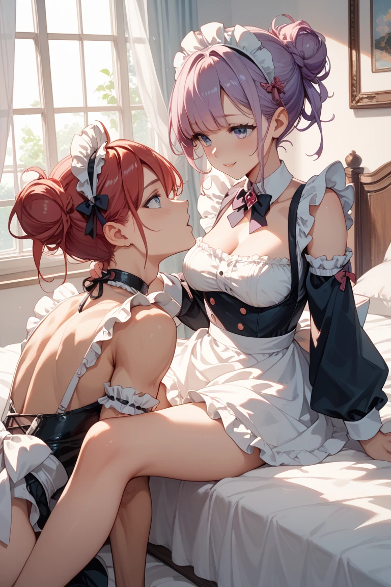 (Hi-Res), (Absurd), (Best Quality), (High Quality), (Masterpiece), Shy Smile, Brown Hair, Peach Eyes, Pink Eyes, Short Hair, Straight Hair, Hair Above One Eye, (Big), White Thighs, Wet, Sweat, Embarrassed, 8K, High Quality, Show Cleavage, Movie Lighting, Beautiful Fingers, Well-Groomed Fingers, High Detail, Sony FE GM, Cute, Heart Eyes, Embarrassing, drooling, belly button, sweat, wet, huge, white skin, light hair, blushing cheeks, clear white skin, shining eyes, on bed, colored contact lenses, anime style, motion lines, sparkling eyes, super big, breasts, taut breasts, enormous breasts, dripping sweat, shoulders, shiny hair, sloppy aftermath, lower breasts, too big breasts, lost clothesshow cleavage, starry eyes, maid, white brim, maid clothes, maid clothes, kiss, kiss face, imminent kiss, icoming kiss, stick out tongue, drool, two girls, 2 girls, drool