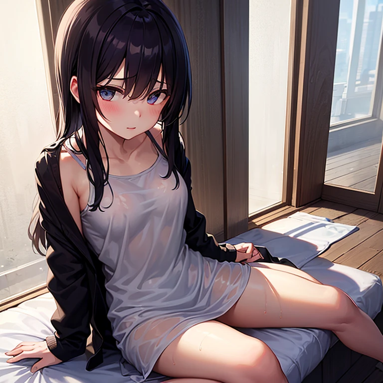 How to sit a girl，Depth of bounds written, delicate eyes, full hand, 余分な手feetなし，small breasts，Underwear visible，refer to５Book，arm２Book，feet２Book，distinct nose bridge，fine skin、Smooth、perfect beauty、small breasts、In underwear、すらりとしたfeet、slender，natural posture，long rich brown hair、very very beautiful，black underwear、beautiful profile、warm spring sunlight，perfect style，black hair，Ahegao