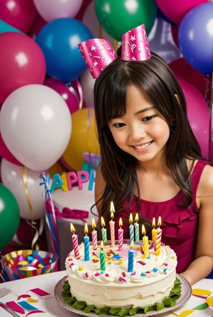 A 1980 photo of a 5-year-old girl with straight long hair wearing a pink princess costume blowing out 5 candles on top of a birthday cake, a well-detailed 80's cake, an unfathomable cake (pele altamente detalhada: 1.2)  soft-lighting, alta qualidade,