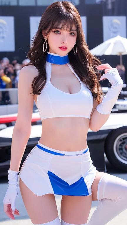 masterpiece, Highest quality, Realistic, Highly detailed CG integrates 8K, 8K,(Very beautiful face, Beautiful Lips, Beautiful Eyes), Exquisitely detailed face,1 Girl, Very beautiful girl,Exquisite eye makeup,Subtle eye detail,The best example of four fingers and one thumb,Toned figure,Nice and beautiful smile,明るいLong Hair,transparent, Quality hair,(masterpiece, Highest quality:1.2),alone,The eyes are exquisite and delicate,Brown Hair、Long Hair、Pink Lips,blue eyes,Big Breasts、Wavy Hair、((Race Queen,tights:1.0)))、Japanese、25-year-old female