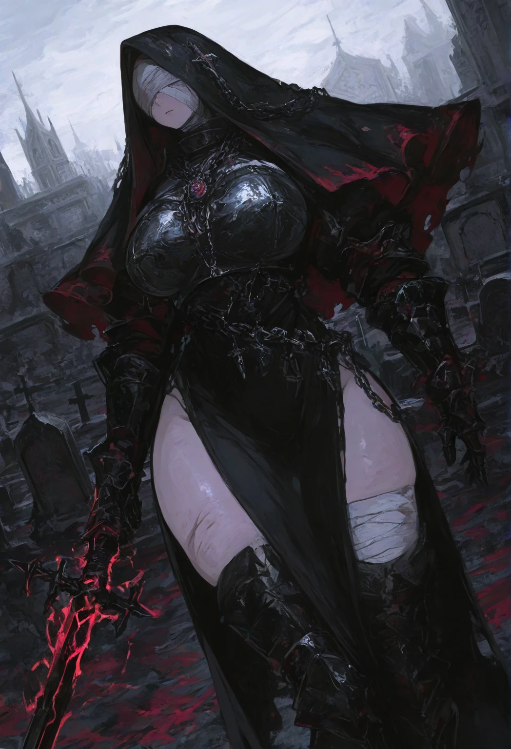 Beautiful chubby evil succubus robot lady with long hair wearing a long dress holding a sword in her hands standing in a lake , wearing a mask,dark atmosphere 