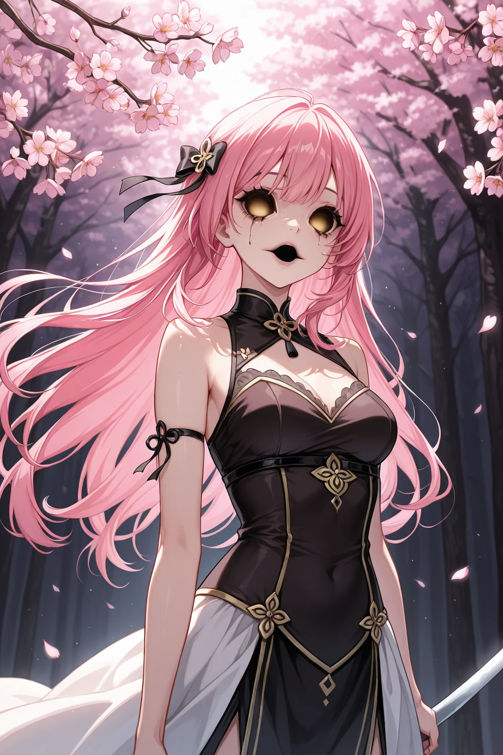 1girl, (solo:1.1), goth casting magic, ultra detailed background, (ultra detailed beautiful face, fine detailed beautiful eyes:1.6), (full body:1.3), (dark hair with dark blue at tips), (makeup, black lips:1.6), sharp face, pink eyes, best quality, high res, CG, mature, (flat chest:1.3), ear piercings, masterpiece, 8k, high contrast, vibrant colors, dark fantasy, intrincate clothing, (extreme detailed background, outdoor, forest, shining moon:1.3), corneo_marin_kitagawa