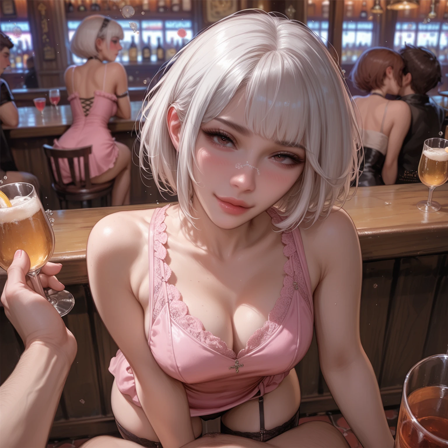 Alice, Anime art style, One girl, 一人in, chest, Looking_in_Audience, smile, short_hair, Open_mouth, big_chest, reis_eye, hair_between_eye, upper_boisy, white_hair, :is, Blurred, chef