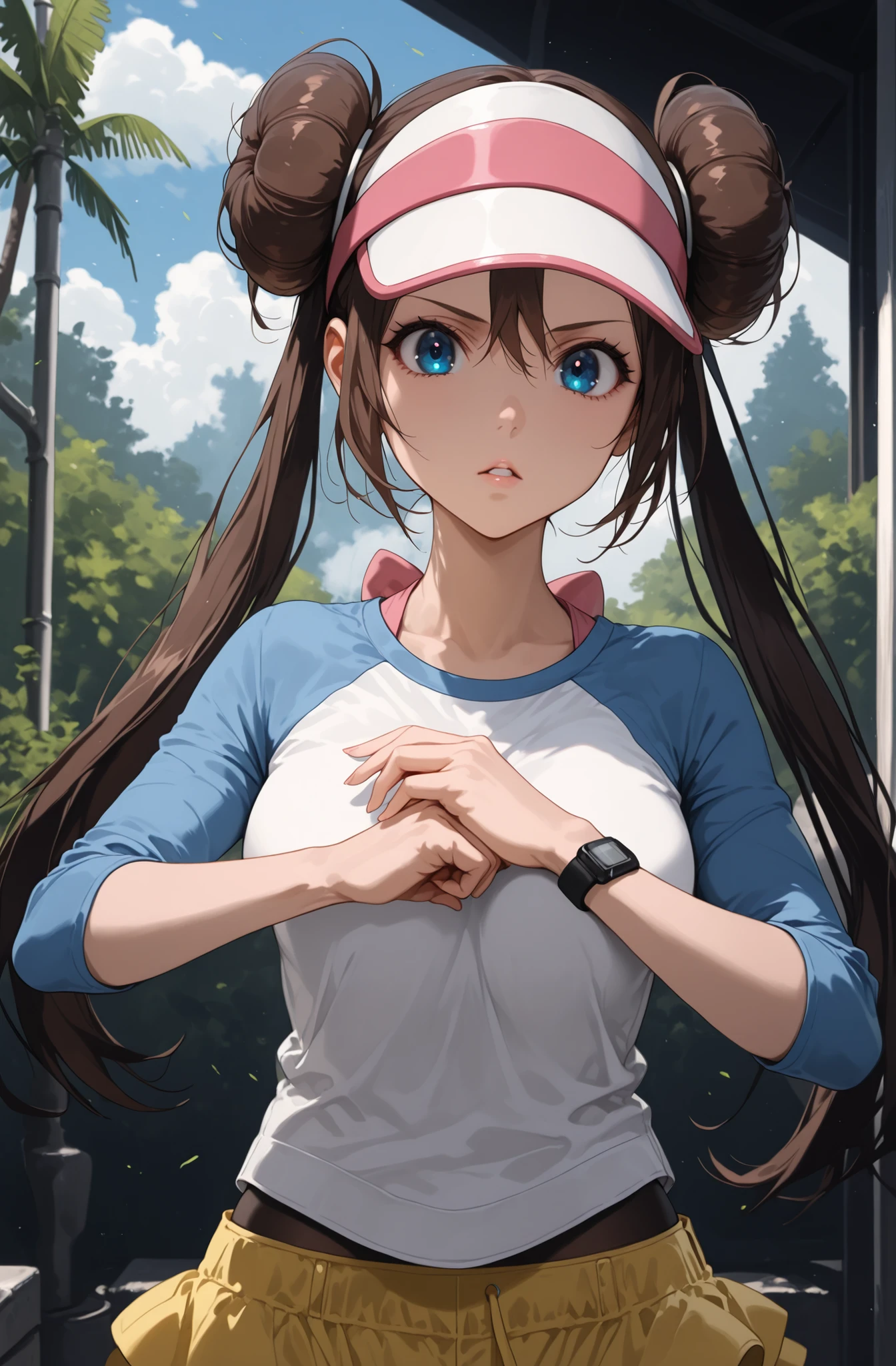 score_9, score_8_up, score_7_up, nh, serious, parted lips, fist in hand, 1girl, solo, rosa, brown hair, double bun, doughnut hair bun, hair bun, blue eye, hair between eyes, twintails, raglan sleeves, white shirt, blue sleeves, visor cap, looking at viewer, parted lips, pantyhose, pantyhose under shorts, raglan sleeves, yellow shorts,