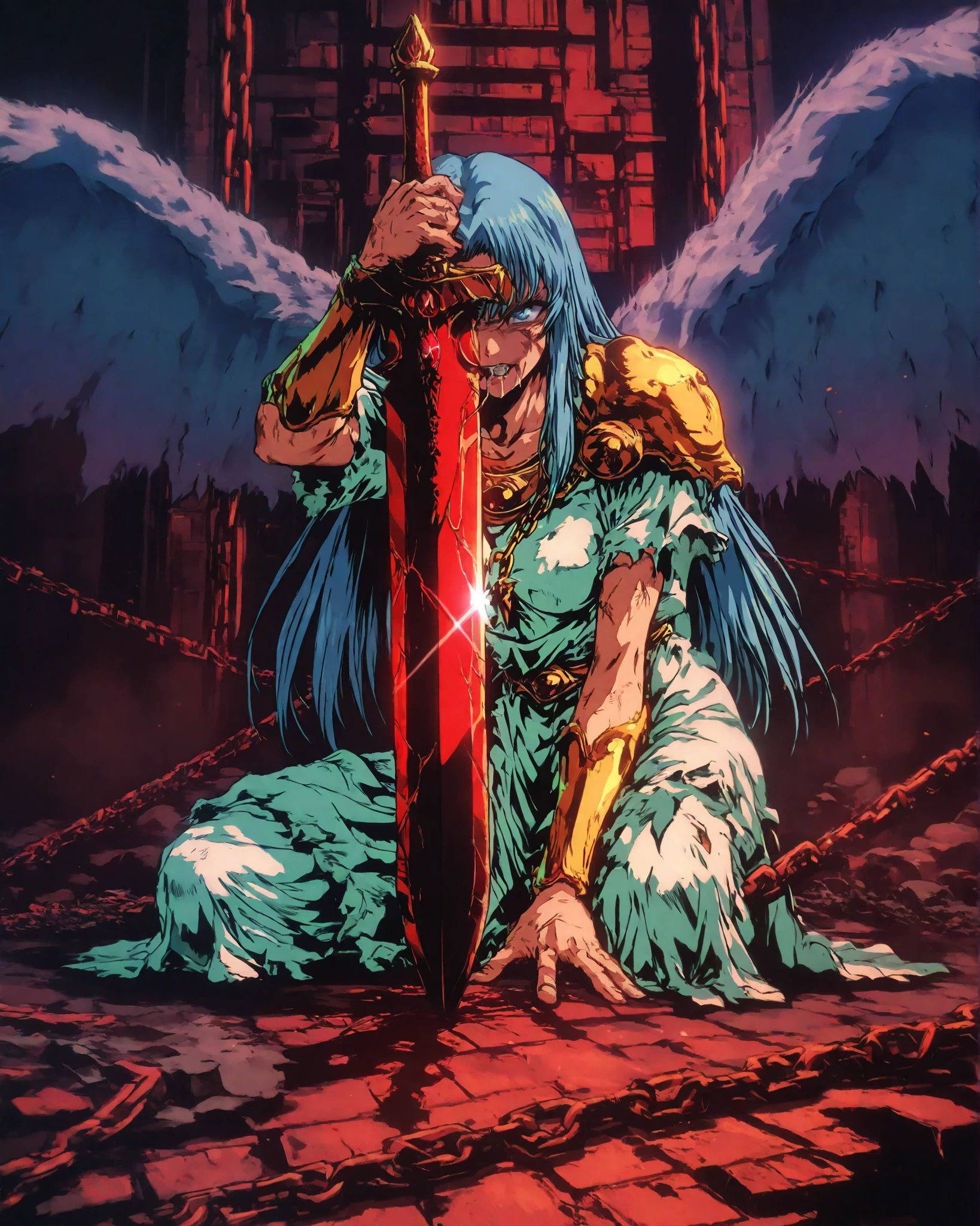 Masterpiece, ultra-detailed, cinematic illustration, 4K resolution, dramatic lighting. At the center of a ruined, ancient temple, a glowing red greatsword is stabbed into the stone floor, its thick blade radiating menace. The sword features a disturbing, wide-open bloodshot eye where the hilt meets the blade, veins visible, as if it’s alive and watching, and two small bat-like wings extend from the sides of the hilt. Behind the sword, an angel is kneeling, head bowed low, her forehead pressed against the hilt in a posture of deep sorrow and eternal prayer. Her long hair falls over the sword, strands gently framing the scene. Her face is unseen, hidden by the emotion of her act. Both of her hands grip the sword’s handle tightly, trembling and bruised, with raw chain marks biting into her skin. Her white tunic is torn and dirtied, with only a single golden pauldron remaining from her former armor. Her body and large angelic wings are bound by heavy, harsh iron chains — pulled from every direction: from the ceiling, from the cracked ground, and from the unseen shadows of the walls. The chains bind not just her, but the sword as well, in a desperate, sacred seal. Light from above falls gently upon her and the sword, casting the rest of the temple into deep shadow and mystery. The background is barely visible through dust and holy mist. The atmosphere is reverent and tragic, the composition radiates both divine sacrifice and eternal vigilance. A feeling of ancient power contained through suffering. High emotion, holy pain, divine restraint. Concept art style, dramatic shadows, high detail, dark fantasy, emotional tension.