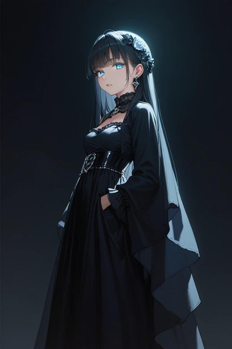 Beautiful, majestic, melancholic, woman, solo-girl, long black hair, pale white skin, indigo eyes, narrow eyes, sly smile, (black dress:1.1), (black and blue veil:1.1), sitting on a stone pillar, dark ancient temple, starry sky in background, rays of moonlight