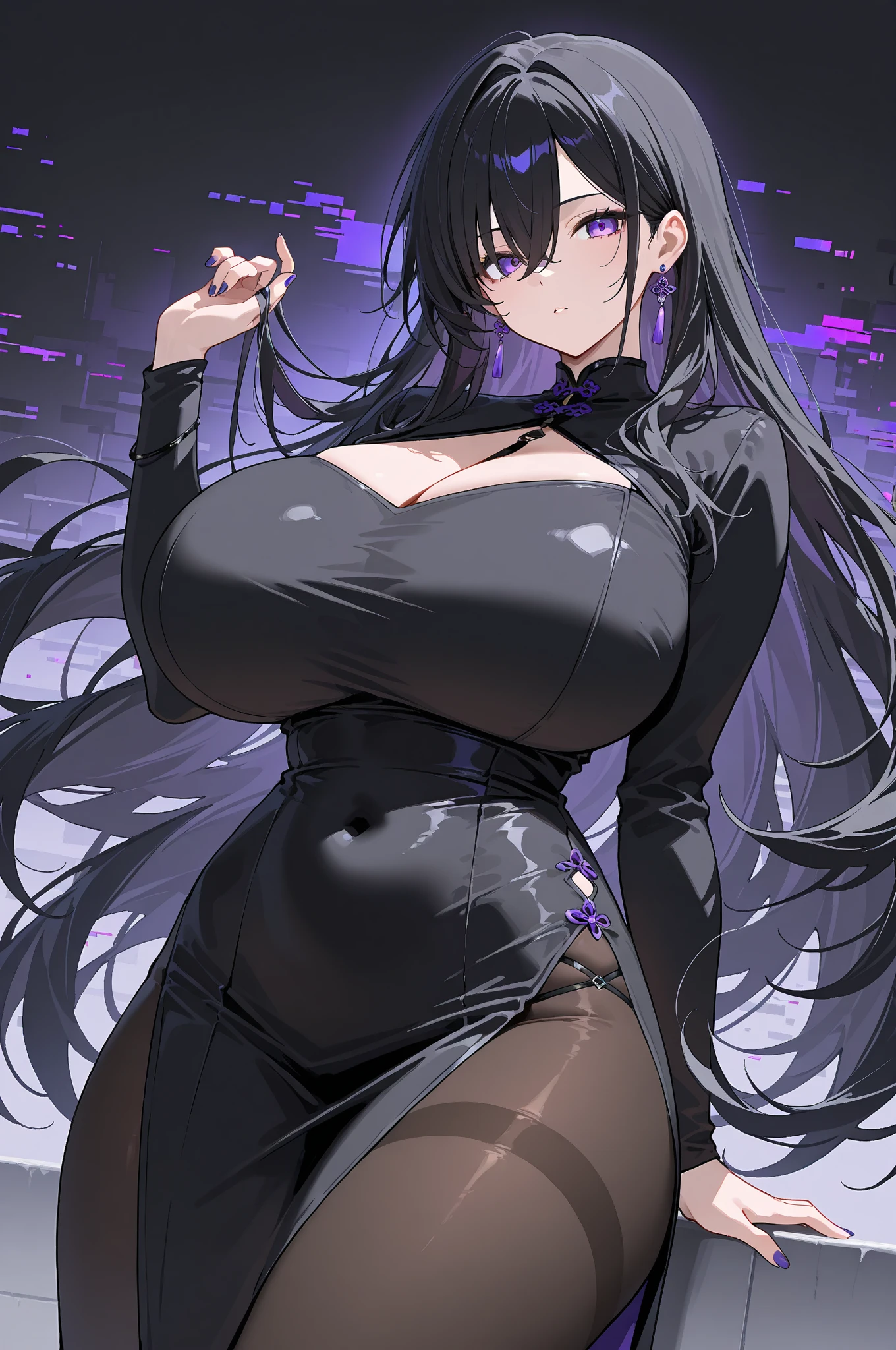 Hentai, sultry and provocative, a captivating figure with an alluring expression, her long, flowing black hair cascading down her back, revealing the intricately detailed curves of her supple body. Dark, intense eyes fixed on the horizon, she clutches the hem of her short, revealing outfit, as if inviting the viewer to delve deeper into the forbidden realms of desire.
With the fetishistic embrace of the cyberpunk world surrounding her, neon lights illuminating every inch of her effervescent skin, her voluptuous figure stands out in stark contrast, a testament to the raw, untamed power of human sensuality. The field