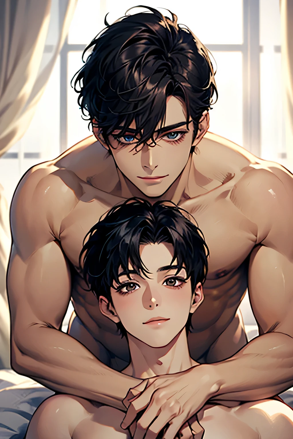 Anime style, oil painting, A muscular Man stands behind the back of an elegant young elf Justin Bieber Boy, guy, hugs him tightly, covers his crotch with one hand, He turned it around, bent it over, pressed it against his hips. aesthetically beautiful erotically tempts seduces offers himself