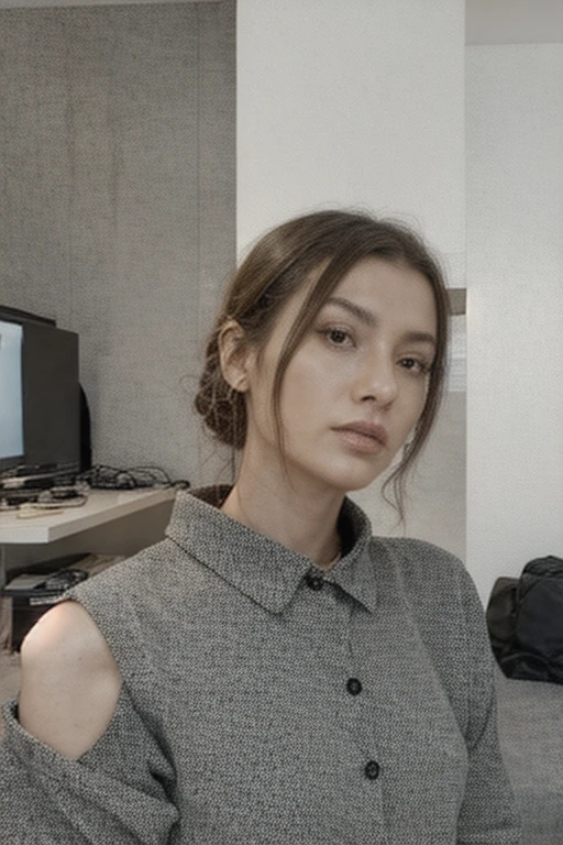 Mujer rubia , 25-years old , estudiando, camisa blanca formal ,arito en ombligo , tatuaje fenix , labios rosados , pen in right hand perched on lips , reloj mano izquierda ,rostro pensativo