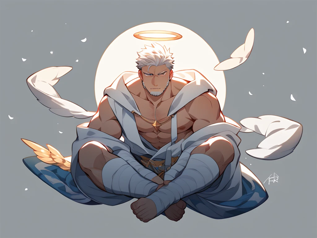 Highest accuracy,Muscle man standing on the rock merchant,Wear only white panties,Stand on the side,Tattoo with a moon pattern on the body,Lower body erection,Lower body details,Thick pubic hair,The handsome face of youth,Short white hair,Divine expression,There is a golden moon in the eyebrows,with the huge moon in the background,The background is a night view,Background details are exquisite, Aesthetic style
