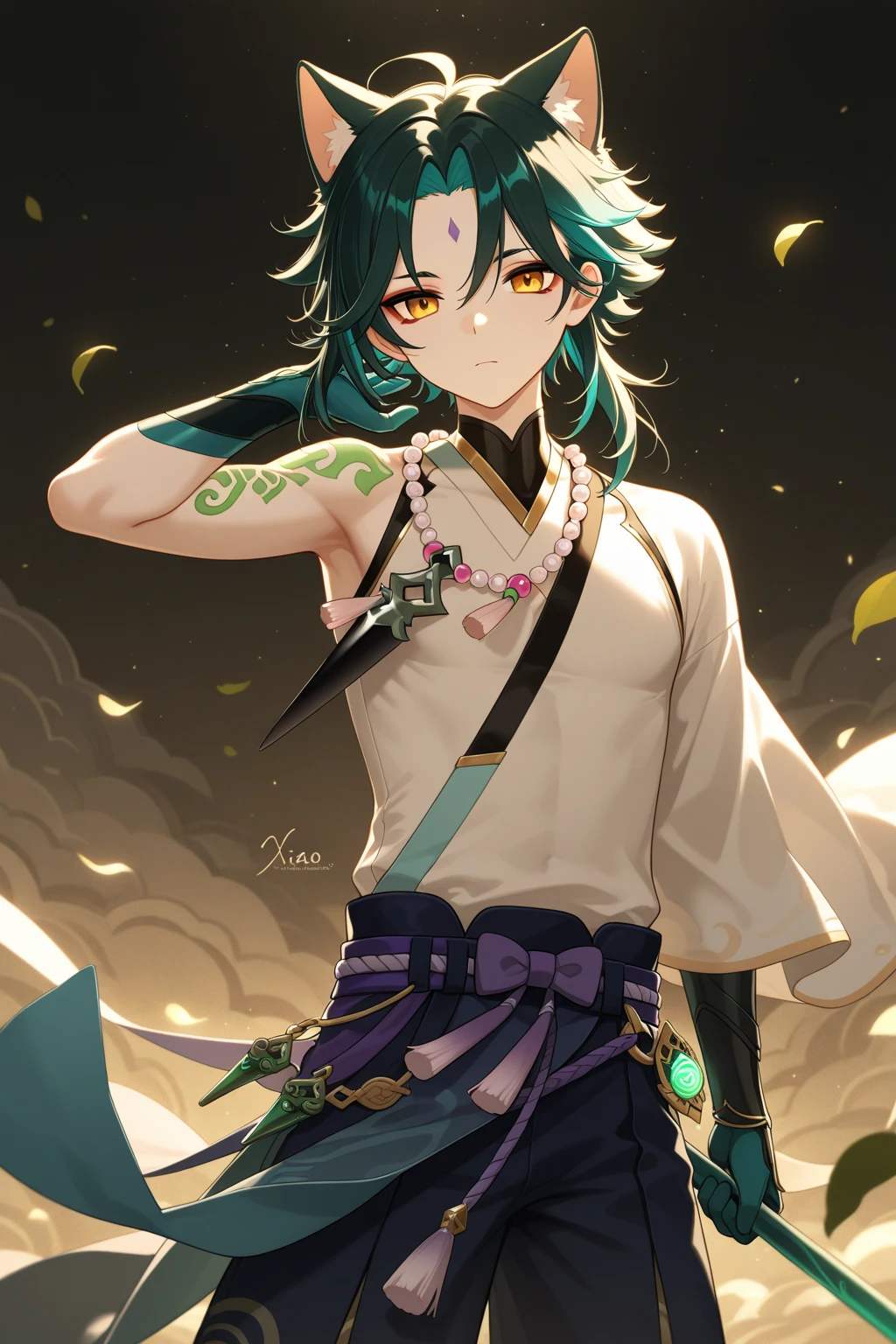 young boy, Long black hair, high ponytail, elf ears, covered eyes, blindfold, open kimono, open torso, flute, Snake, smirk, Masterpiece, hiquality