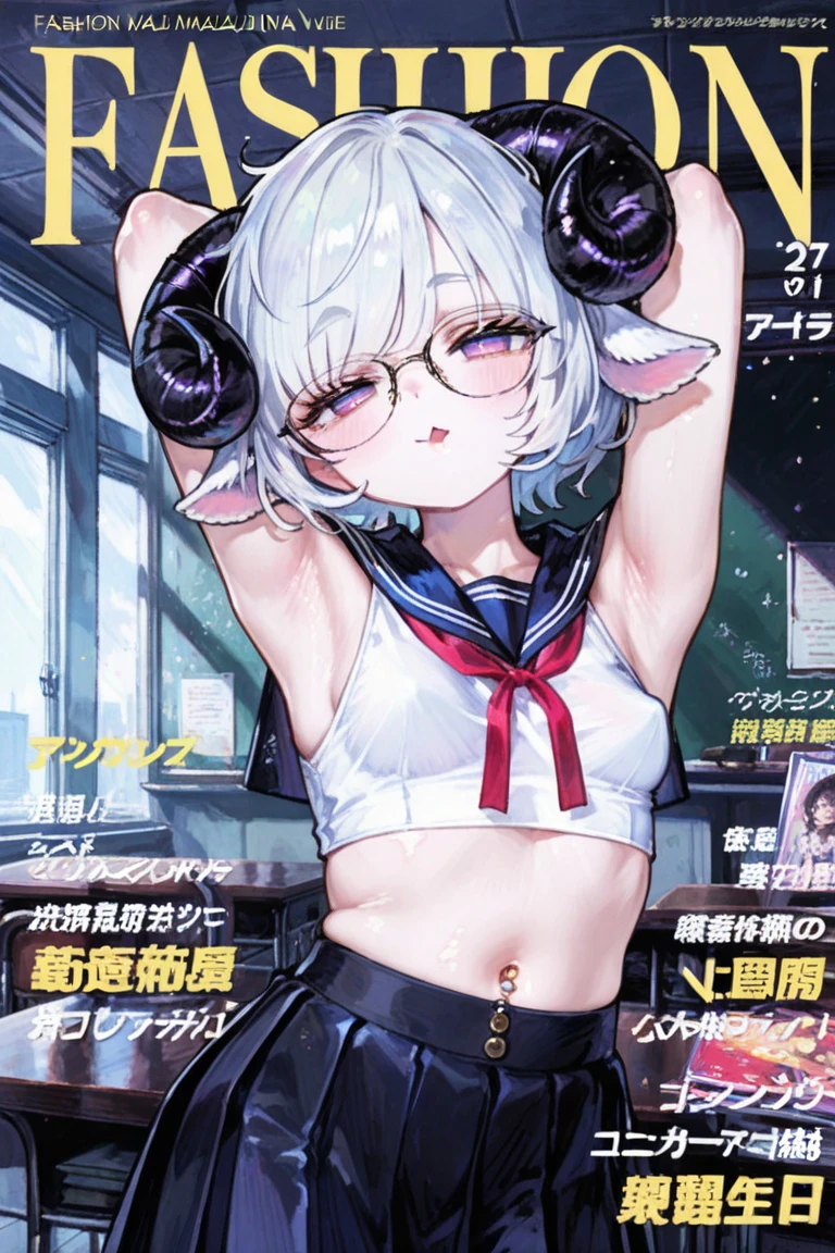 ((Highest quality)), ((masterpiece)), (detailed), One girl, sexy　short hair　squat　Extend your right hand and make a peace sign　Touch your ear with your left hand　Gray Hair