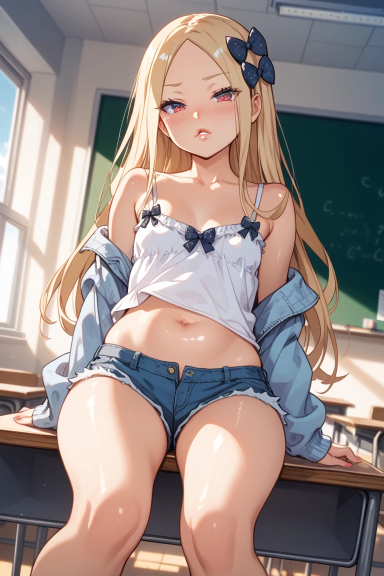 masterpiece, Highest quality, Perfect lighting, Facial Lighting, blonde, choker, Green Eyes, Long Hair, Sailor uniform showing underwear, Japanese ,blush, Breakwatch Viewer, Outdoor break, Leaning against a wall,Hold the bra