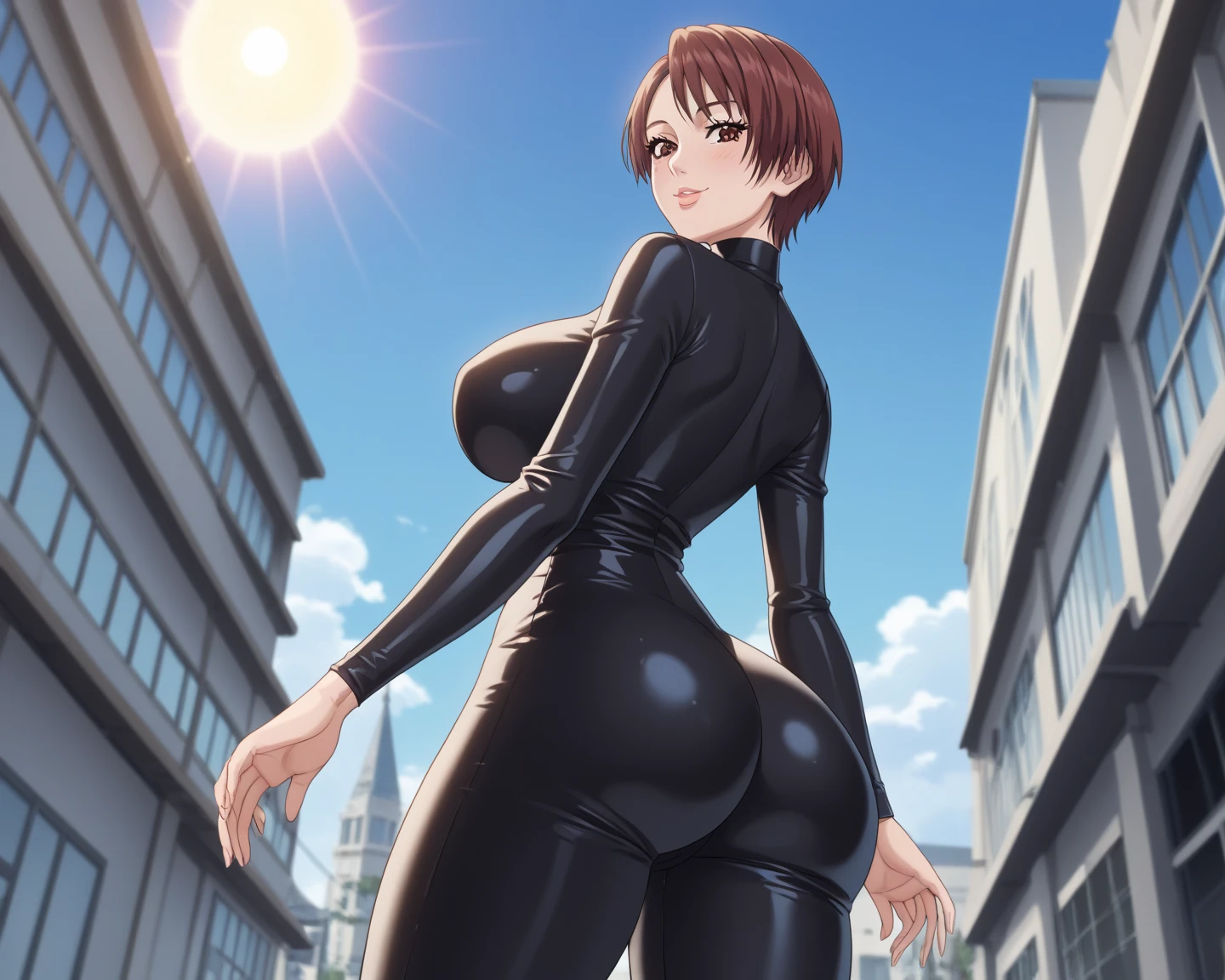 best quality, masterprice, 1girl, (solo:1.1), raytracing, ultra detailed,detailed face, 8k wallpaper, large breasts, smile, wide hips, NobaraNDV, brown hair, brown eyes, jujuntsu uniform, standing, outdoor, street, detailed background, (ultra detailed:1.2), thicc body, red lips, gaze looking at the camera,